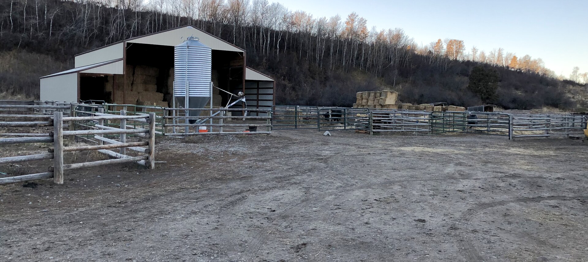 The hay barn and grain bin at the RK Livestock ranchstead