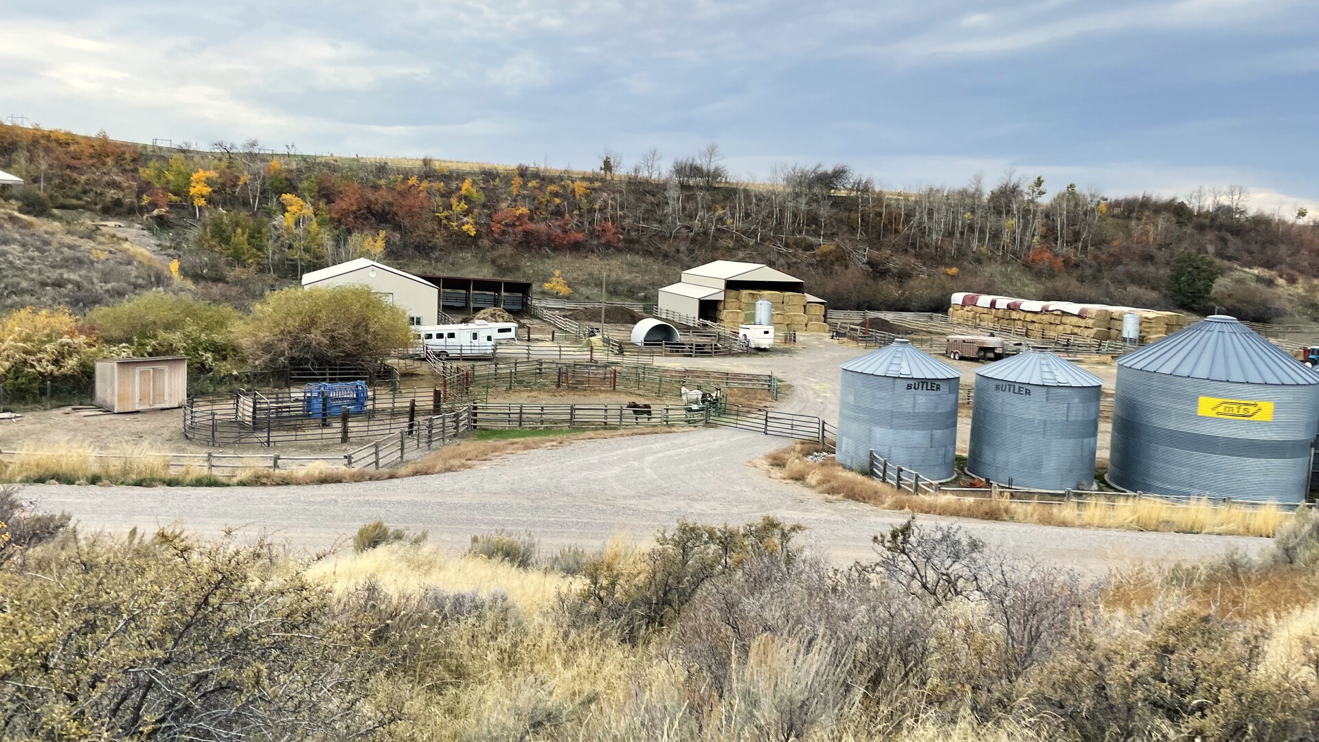 The RK Livestock ranchstead in Ririe, Idaho, with corrals and grain bins