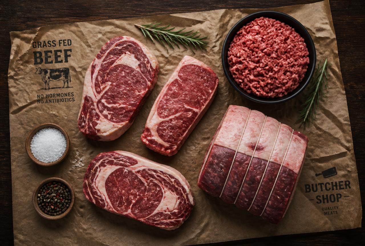 Fresh beef cuts arranged on butcher paper
