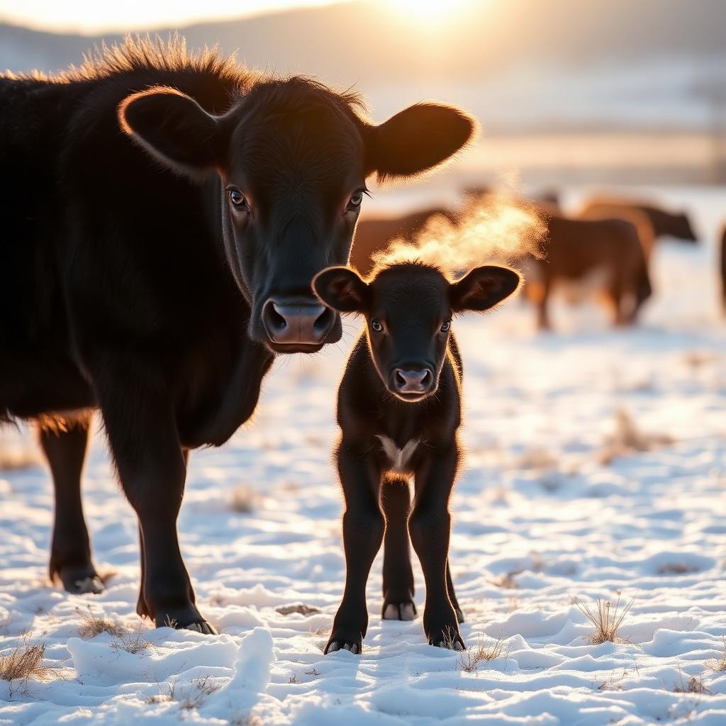Newborn calf beside its mother in a snowy calving pasture