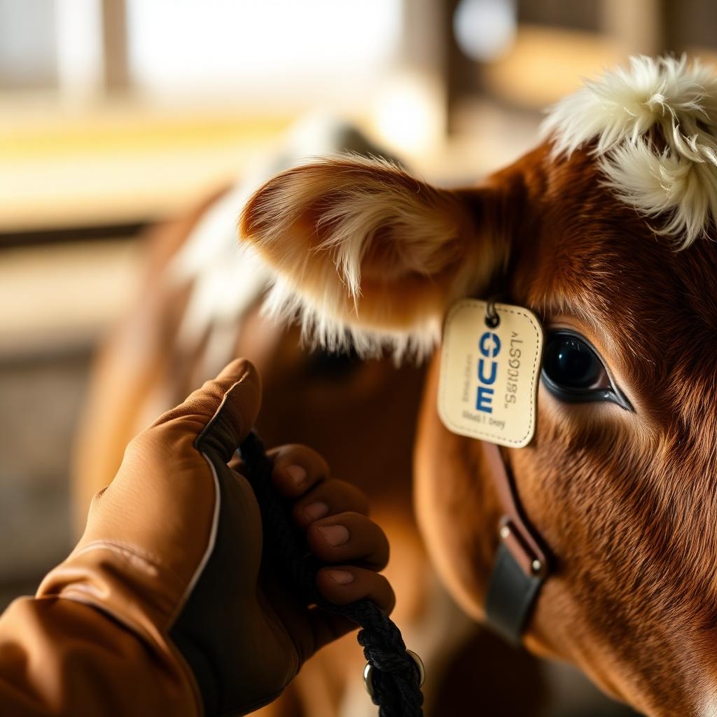 Close-up of a calf and a hand holding a show halter
