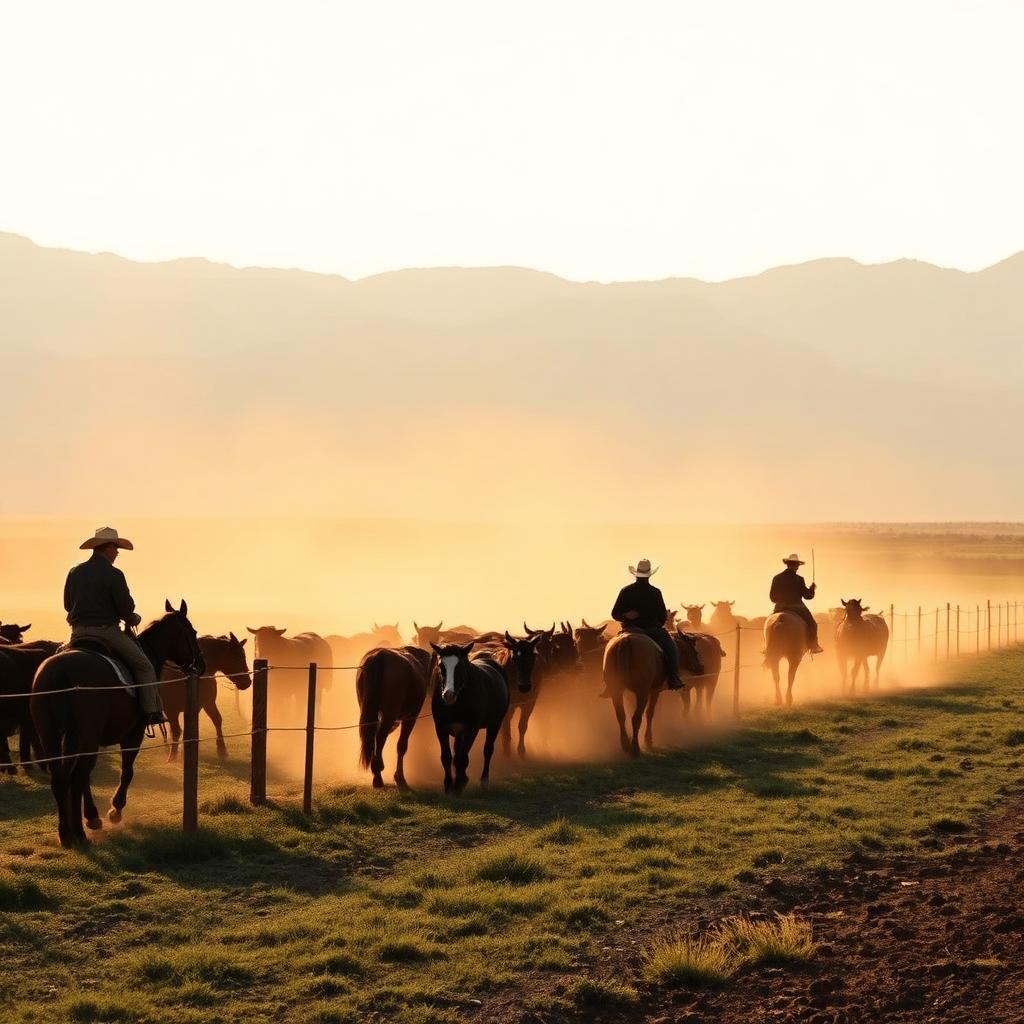 Riders moving a cattle herd along a fence line at dawn
