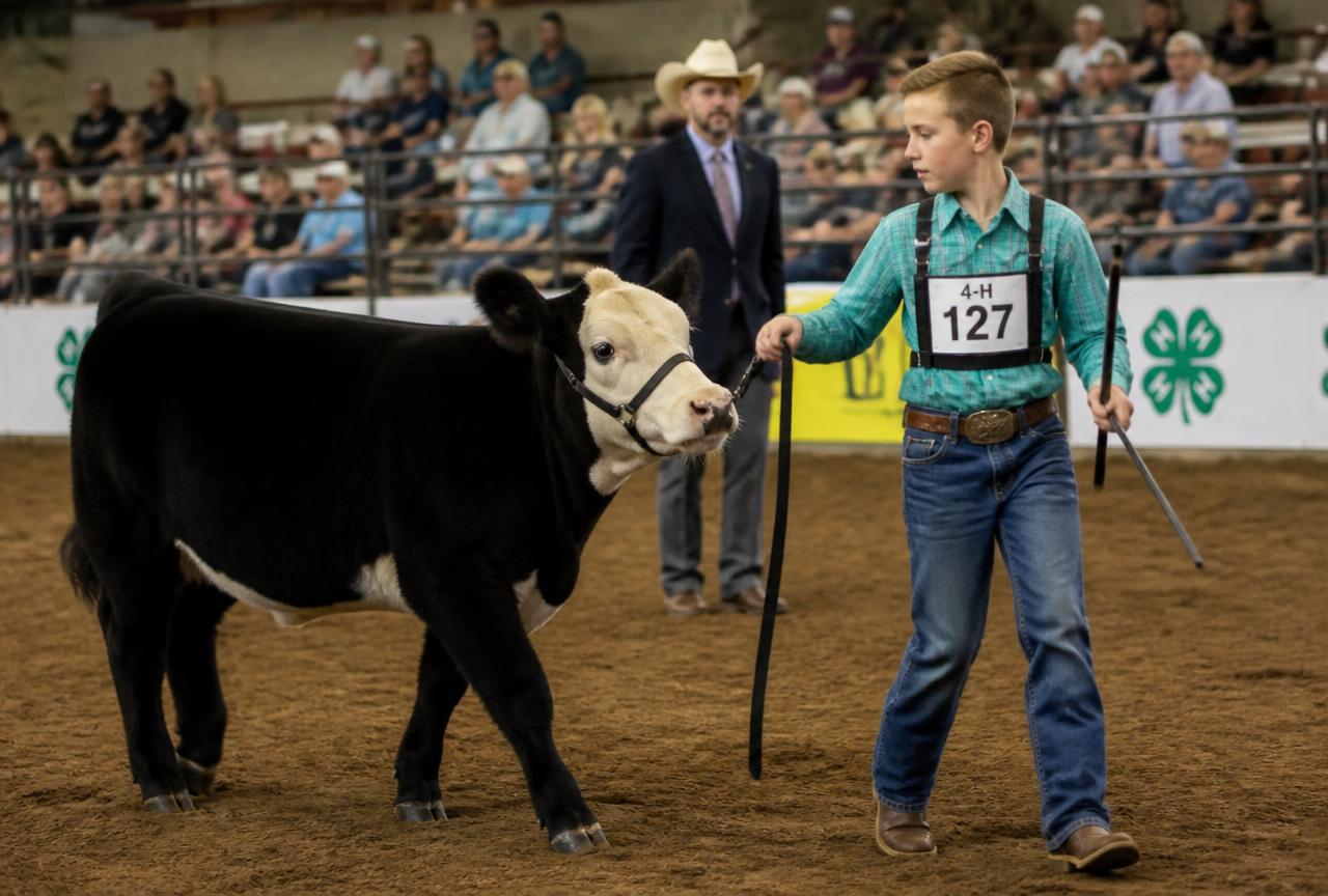 Young showman leading a club calf in the show ring